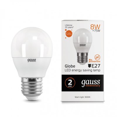 

Лампа Gauss LED Elementary Шар 8W E27 520lm 3000K (53218), 53218