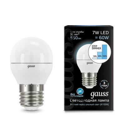 

Лампа Gauss LED Globe E27 7W 4100K step dimmable, 105102207-S