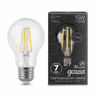 

Лампа Gauss LED Filament Graphene A60 E27 15W 1740lm 4100К 1/10/40, 102802215