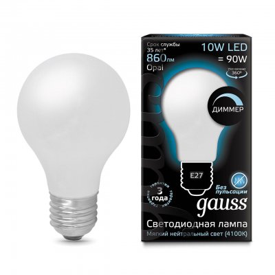 

Лампа Gauss LED Filament A60 OPAL dimmable E27 10W 860lm 4100К 1/10/40, 102202210-D
