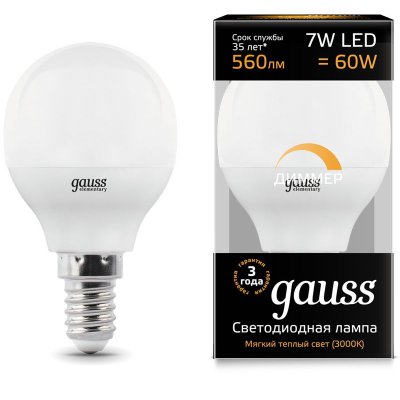 

Лампа Gauss LED Шар-dim E14 7W 560lm 3000К диммируемая (105101107-D, 105101107-D