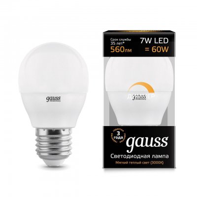 

Лампа Gauss LED Шар-dim E27 7W 560lm 3000К диммируемая, 105102107-D