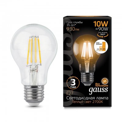 

Лампа Gauss LED Filament A60 E27 10W 930lm 2700К step dimmable, 102802110-S