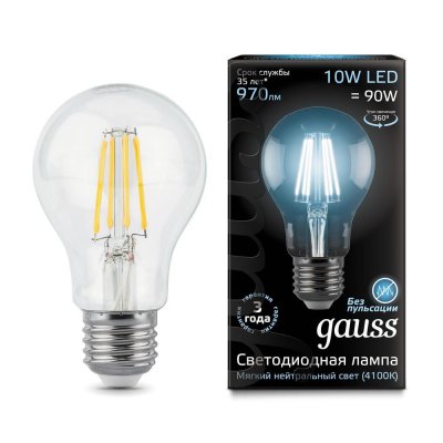 

Лампа Gauss LED Filament A60 E27 10W 970lm 4100К step dimmable (102802210), 102802210