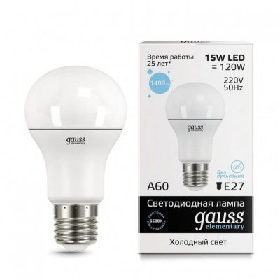 

Лампа Gauss LED Elementary A60 15W E27 1480lm 6500K (23235), 23235