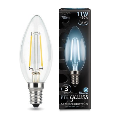 

Лампа Gauss LED Filament Свеча E14 11W 750lm 4100К 1/10/50, 103801211