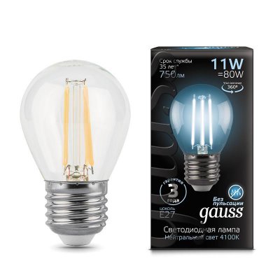 

Лампа Gauss LED Filament Шар E27 11W 750lm 4100K 1/10/50, 105802211