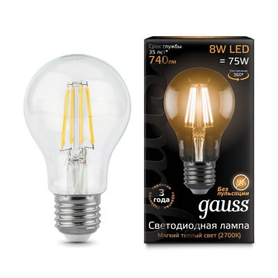 

Лампа Gauss LED Filament A60 E27 8W 740lm 2700К (102802108), 102802108