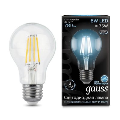 

Лампа Gauss LED Filament A60 E27 8W 780lm 4100К (102802208), 102802208