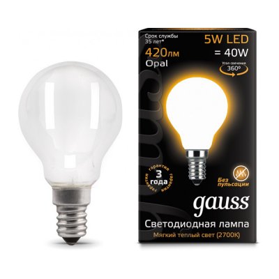 

Лампа Gauss LED Filament Шар OPAL E14 5W 420lm 2700K (105201105), 105201105