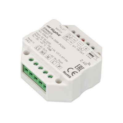 Диммер SMART-D14-DIM-PUSH (230V, 1.5А, 0-10V, 2.4G) (Arlight, IP20 Пластик, 5 лет) Arlight 28434 Диммер SMART-D14-DIM-PUSH (230V, 1.5А, 0-10V, 2.4G) (Arlight, IP20 Пластик, 5 лет) Arlight 28434