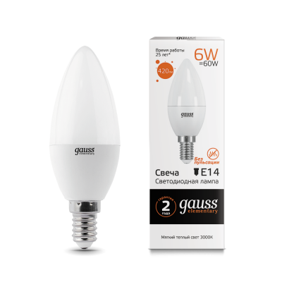 

Лампа Gauss LED Elementary Свеча 6W E14 420lm 3000K (33116), 33116