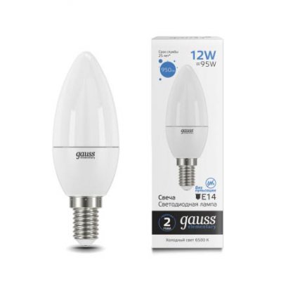 Лампа Gauss Elementary Свеча 12W 950lm 6500K Е14 LED (33132)