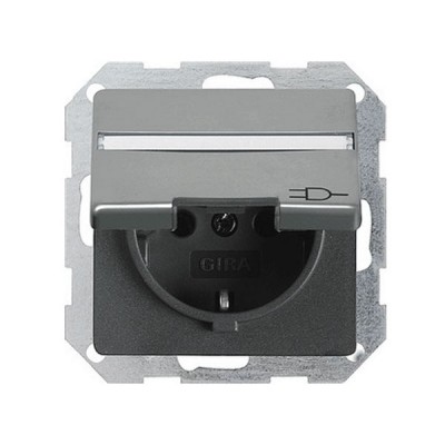 Gira E22 Сталь Розетка с/з с крышкой и полем для надписи (G41020)