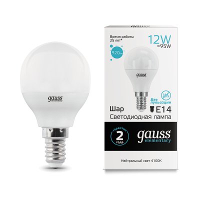 

Лампа Gauss LED Elementary Шар 12W 880lm E14 3000K (53112), 53112