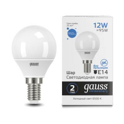 Лампа Gauss Elementary Шар 12W 950lm 6500K Е14 LED (53132) Лампа Gauss Elementary Шар 12W 950lm 6500K Е14 LED (53132)