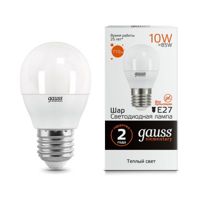 

Лампа Gauss LED Elementary Шар 10W E27 710lm 3000K (53210), 53210