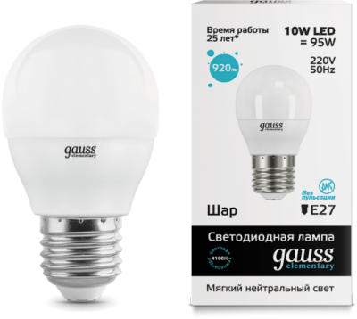 

Лампа Gauss LED Elementary Шар 10W E27 730lm 4100K (53220), 53220