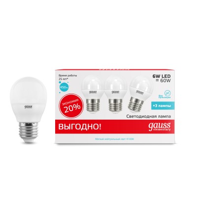 

Лампа Gauss LED Elementary Globe 6W E27 4100K (3 лампы в упаковке), 53226T