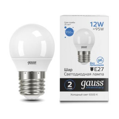 Лампа Gauss Elementary Шар 12W 950lm 6500K Е27 LED (53232) Лампа Gauss Elementary Шар 12W 950lm 6500K Е27 LED (53232)