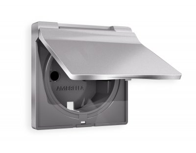 Лицевая панель ALFA (Сталь матовый) для электрической розетки с заземлением со шторками и крышкой IP44 QUANT Ambrella Volt