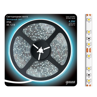 Лента LED 2835/60-SMD 4.8W 12V DC холодный белый IP66 (блистер 5м) (311000305) Лента LED 2835/60-SMD 4.8W 12V DC холодный белый IP66 (блистер 5м) (311000305)