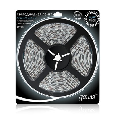 Лента LED 5050/60-SMD 14.4W 12V DC холодный белый IP66 (блистер 5м) (311000314) Лента LED 5050/60-SMD 14.4W 12V DC холодный белый IP66 (блистер 5м) (311000314)