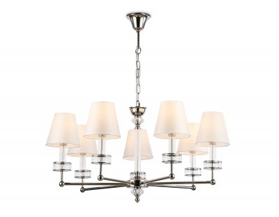 Подвесная люстра с абажурами и хрусталем Ambrella LH71003/7 BN/WH никель/белый E14*7 max 40W D820*1130 Подвесная люстра с абажурами и хрусталем Ambrella LH71003/7 BN/WH никель/белый E14*7 max 40W D820*1130