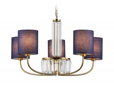 Подвесная люстра с абажурами и хрусталем Ambrella LH71271/5 BS/DB латунь/темно синий E14/5 max 40W D650*840