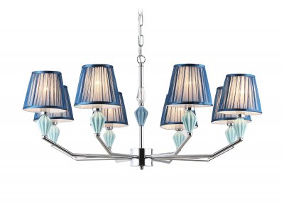 Подвесная люстра с абажуром и декором из керамики Ambrella LH75063/8 CH/DB хром/темно синий E14/8 max 40W D870*810