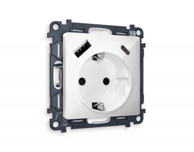 Комплект механизма электрической розетки ALFA MA110010 Белый глянец 2USB A+C 20W быстрая зарядка с заземлением и шторками 2P+E 16A-250V QUANT Ambrella Volt Комплект механизма электрической розетки ALFA MA110010 Белый глянец 2USB A+C 20W быстрая зарядка с заземлением и шторками 2P+E 16A-250V QUANT Ambrella Volt