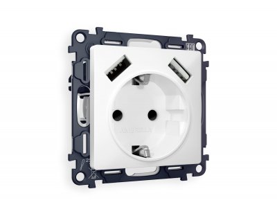 Комплект механизма электрической розетки ALFA MA129010 Белый матовый 2USB A+A 18W быстрая зарядка с заземлением со шторками 2P+E 16A-250V QUANT Ambrella Volt