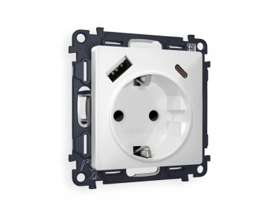 Комплект механизма электрической розетки ALFA MA130010 Белый матовый 2USB A+C 20W быстрая зарядка с заземлением со шторками 2P+E 16A-250V QUANT Ambrella Volt Комплект механизма электрической розетки ALFA MA130010 Белый матовый 2USB A+C 20W быстрая зарядка с заземлением со шторками 2P+E 16A-250V QUANT Ambrella Volt