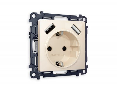 Комплект механизма электрической розетки ALFA MA309010 Бежевый глянец 2USB A+A 18W быстрая зарядка с заземлением и шторками 2P+E 16A-250V QUANT Ambrella Volt Комплект механизма электрической розетки ALFA MA309010 Бежевый глянец 2USB A+A 18W быстрая зарядка с заземлением и шторками 2P+E 16A-250V QUANT Ambrella Volt