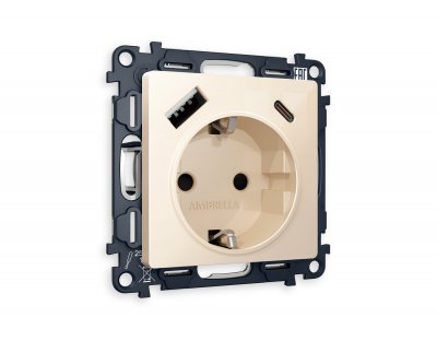Комплект механизма электрической розетки ALFA MA310010 Бежевый глянец 2USB A+C 20W быстрая зарядка с заземлением и шторками 2P+E 16A-250V QUANT Ambrella Volt Комплект механизма электрической розетки ALFA MA310010 Бежевый глянец 2USB A+C 20W быстрая зарядка с заземлением и шторками 2P+E 16A-250V QUANT Ambrella Volt
