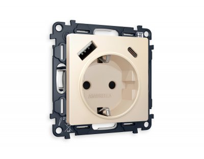 Комплект механизма электрической розетки ALFA MA330010 Бежевый матовый 2USB A+C 20W быстрая зарядка с заземлением со шторками 2P+E 16A-250V QUANT Ambrella Volt