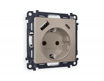 Комплект механизма электрической розетки ALFA MA370010 Серо-бежевый матовый 2USB A+C 20W быстрая зарядка с заземлением со шторками 2P+E 16A-250V QUANT Ambrella Volt Комплект механизма электрической розетки ALFA MA370010 Серо-бежевый матовый 2USB A+C 20W быстрая зарядка с заземлением со шторками 2P+E 16A-250V QUANT Ambrella Volt