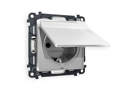 Комплект механизма электрической розетки ALFA MA408010 Серебро глянец  с заземлением с шторками и защитной крышкой 2P+E 16A-250V IP44 QUANT Ambrella Volt