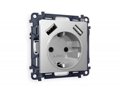Комплект механизма электрической розетки ALFA MA409010 Серебро глянец 2USB A+A 18W быстрая зарядка с заземлением и шторками 2P+E 16A-250V QUANT Ambrella Volt