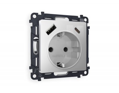 Комплект механизма электрической розетки ALFA MA410010 Серебро глянец 2USB A+C 20W быстрая зарядка с заземлением и шторками 2P+E 16A-250V QUANT Ambrella Volt