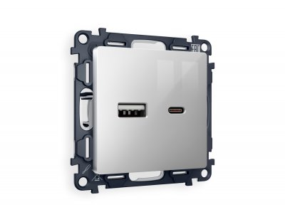 Комплект механизма розетки ALFA MA411010 Серебро глянец 2USB A+C 20W быстрая зарядка QUANT Ambrella Volt