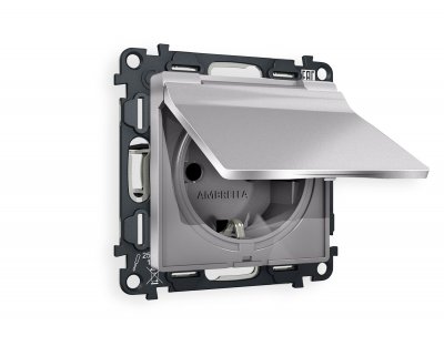 Комплект механизма электрической розетки ALFA MA508010 Сталь матовый  с заземлением с шторками и защитной крышкой 2P+E 16A-250V IP44 QUANT Ambrella Volt