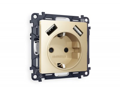 Комплект механизма электрической розетки ALFA MA609010 Шампань 2USB A+A 18W быстрая зарядка с заземлением и шторками 2P+E 16A-250V QUANT Ambrella Volt Комплект механизма электрической розетки ALFA MA609010 Шампань 2USB A+A 18W быстрая зарядка с заземлением и шторками 2P+E 16A-250V QUANT Ambrella Volt