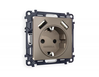 Комплект механизма электрической розетки ALFA MA639010 Темная бронза матовый 2USB A+A 18W быстрая зарядка с заземлением и шторками 2P+E 16A-250V QUANT Ambrella Volt