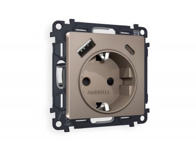 Комплект механизма электрической розетки ALFA MA640010 Темная бронза матовый 2USB A+C 20W быстрая зарядка с заземлением и шторками 2P+E 16A-250V QUANT Ambrella Volt