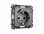 Комплект механизма электрической розетки ALFA MA659010 Антрацит серый 2USB A+A 18W быстрая зарядка с заземлением и шторками 2P+E 16A-250V QUANT Ambrella Volt
