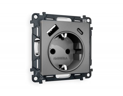 Комплект механизма электрической розетки ALFA MA660010 Антрацит серый 2USB A+C 20W быстрая зарядка с заземлением и шторками 2P+E 16A-250V QUANT Ambrella Volt