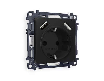 Комплект механизма электрической розетки ALFA MA809010 Черный матовый 2USB A+A 18W быстрая зарядка с заземлением и шторками 2P+E 16A-250V QUANT Ambrella Volt