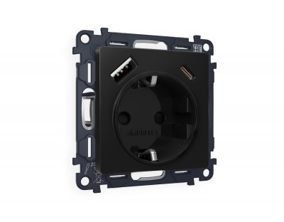 Комплект механизма электрической розетки ALFA MA810010 Черный матовый 2USB A+C 20W быстрая зарядка с заземлением и шторками 2P+E 16A-250V QUANT Ambrella Volt Комплект механизма электрической розетки ALFA MA810010 Черный матовый 2USB A+C 20W быстрая зарядка с заземлением и шторками 2P+E 16A-250V QUANT Ambrella Volt