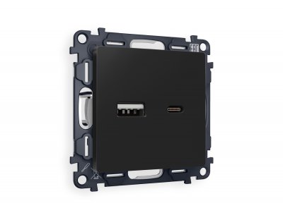 Комплект механизма розетки ALFA MA811010 Черный матовый 2USB A+C 20W быстрая зарядка QUANT Ambrella Volt